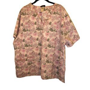 Scrub H.Q. Nurse Scrubs Top Pink Grey Butterfly Floral Print  XL  Medical READ